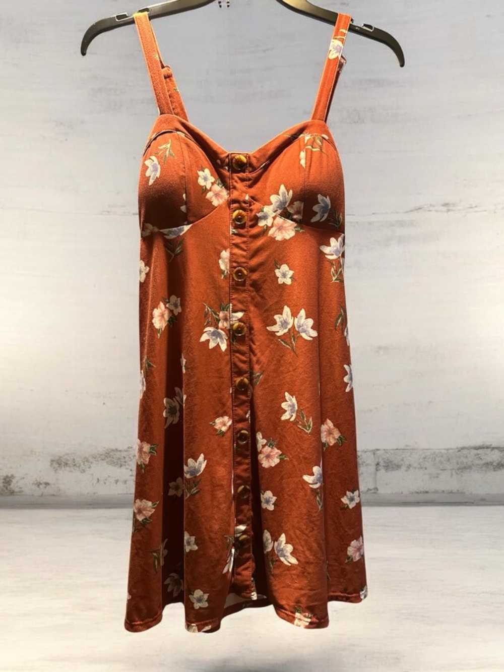 S NoBoundaries VNTG Inspired Rust orange Floral Mini Dress w front button Detail